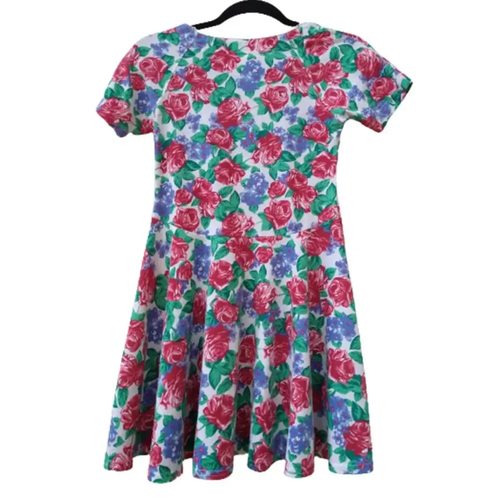 Heartfell Floral Dress Girls 12 PInk Blue Green Short Sleeves Full Skirt